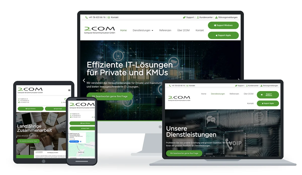 2COM: verschiedene Seiten auf Desktop, Laptop, Tablet und Smartphone