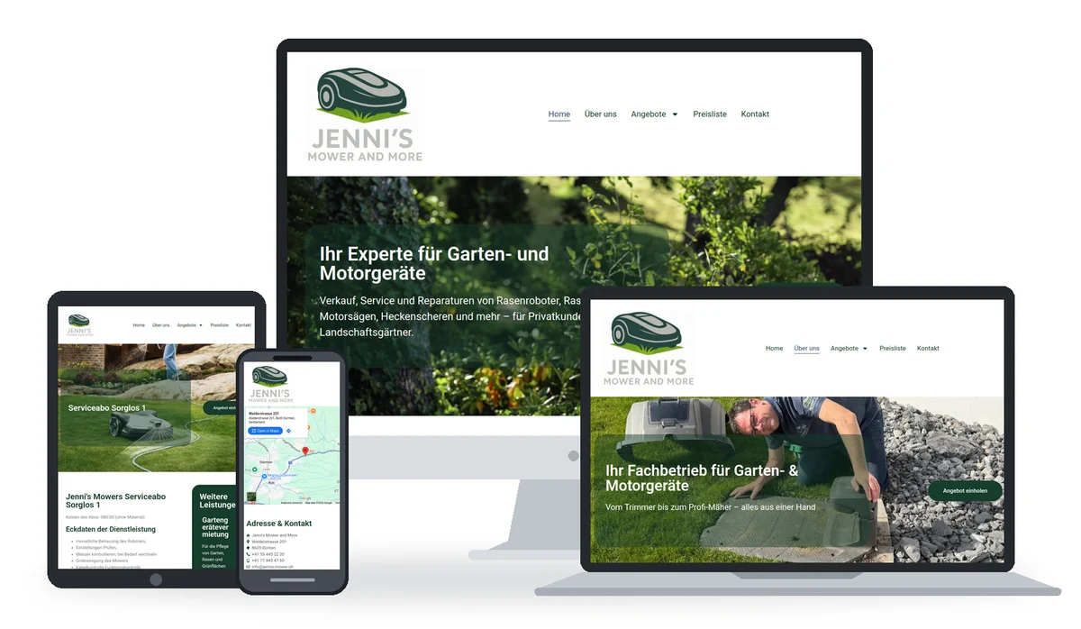 Jenni’s Mower: verschiedene Seiten auf Desktop, Laptop, Tablet und Smartphone