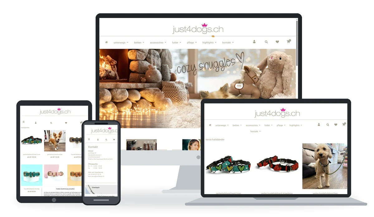 Just4Dogs: verschiedene Seiten auf Desktop, Laptop, Tablet und Smartphone
