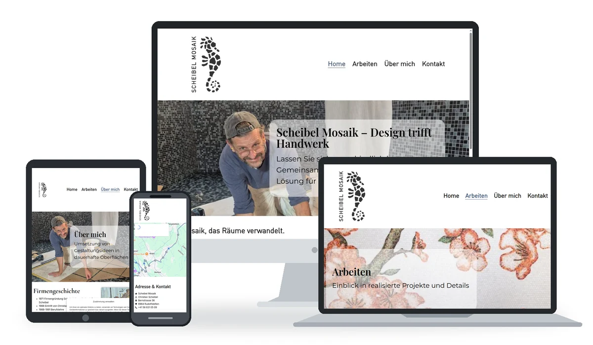 Scheibel Mosaik: verschiedene Seiten auf Desktop, Laptop, Tablet und Smartphone