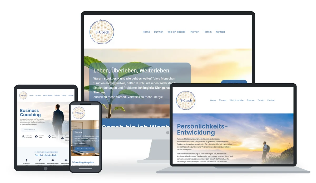 t-coach: verschiedene Seiten auf Desktop, Laptop, Tablet und Smartphone